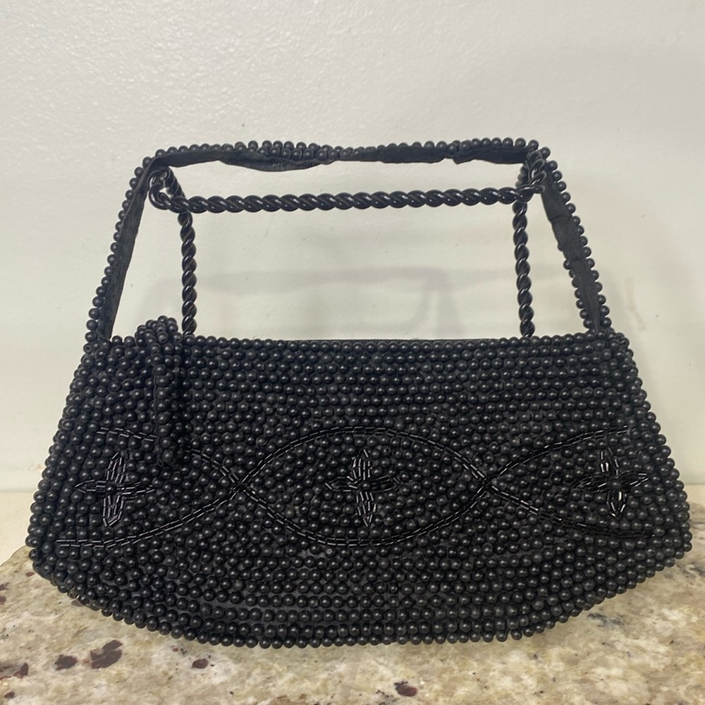 Vintage 1960s Black Heavily Beaded & Sequin Accented Small Evening Hand Bag